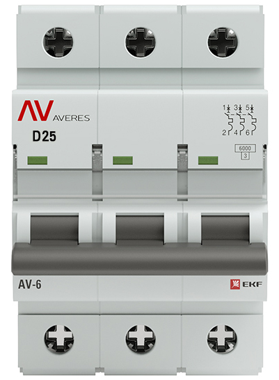 Автоматический выключатель EKF AV-6 3п 25А D AVERES mcb6-3-25D-av