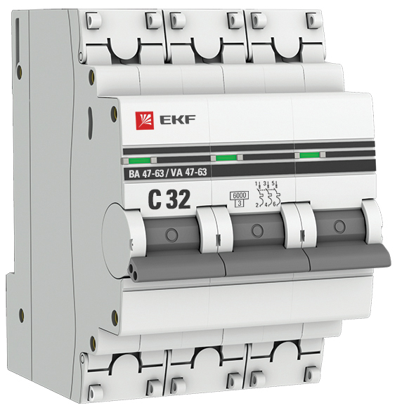 Автоматический выключатель EKF ВА47-63 3п 32А 6кА C PROxima mcb4763-6-3-32C-pro