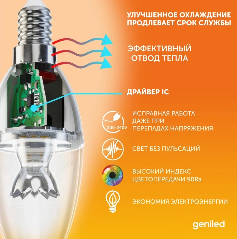 Лампа светодиодная Geniled E14 C37 9Вт 3000K 230В