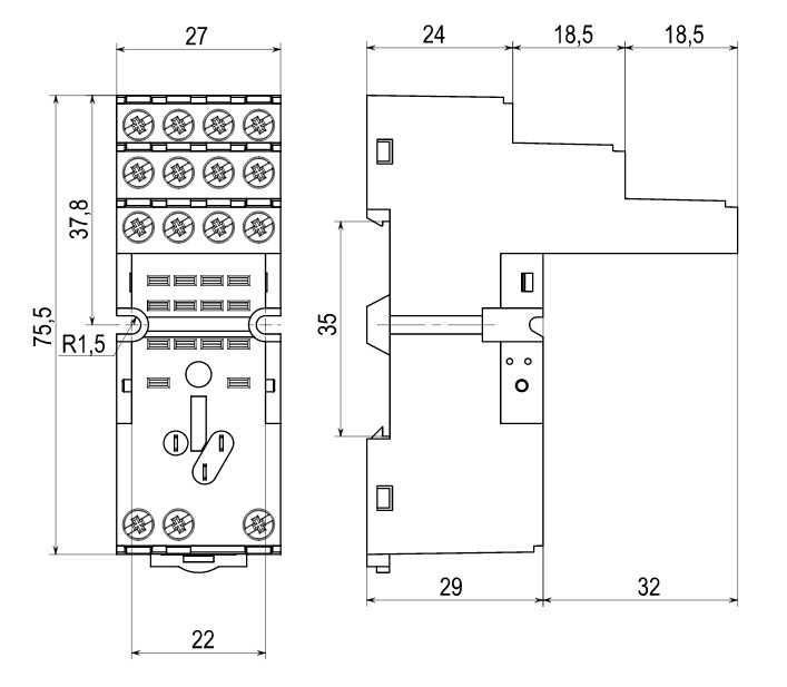 Колодка KIPPRIBOR PYF-144BE/3 для 4-конт. промежуточных реле